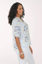 Cotton Gauze Blouse with Roll Tab Sleeve and Petal Print by DASH - Blue + Tan
