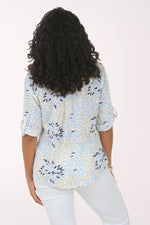 Cotton Gauze Blouse with Roll Tab Sleeve and Petal Print by DASH - Blue + Tan