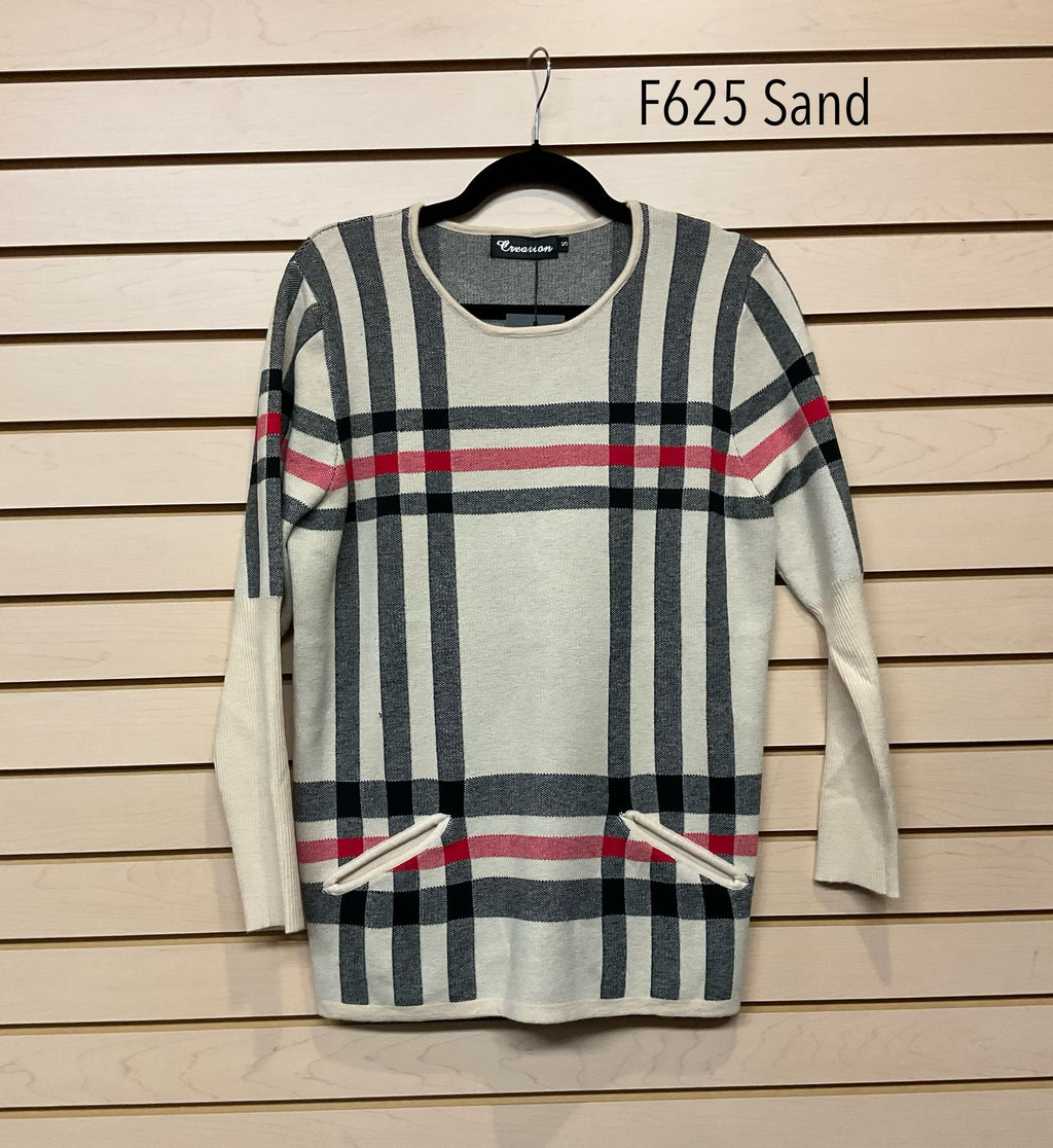 Plaid Crew Neck Sweater by Creation - Sand