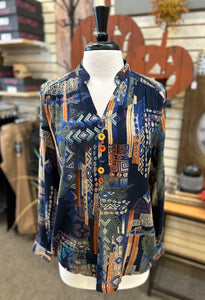 Ethyl Mock Collar Printed Blouse with Button Front Detail - Navy