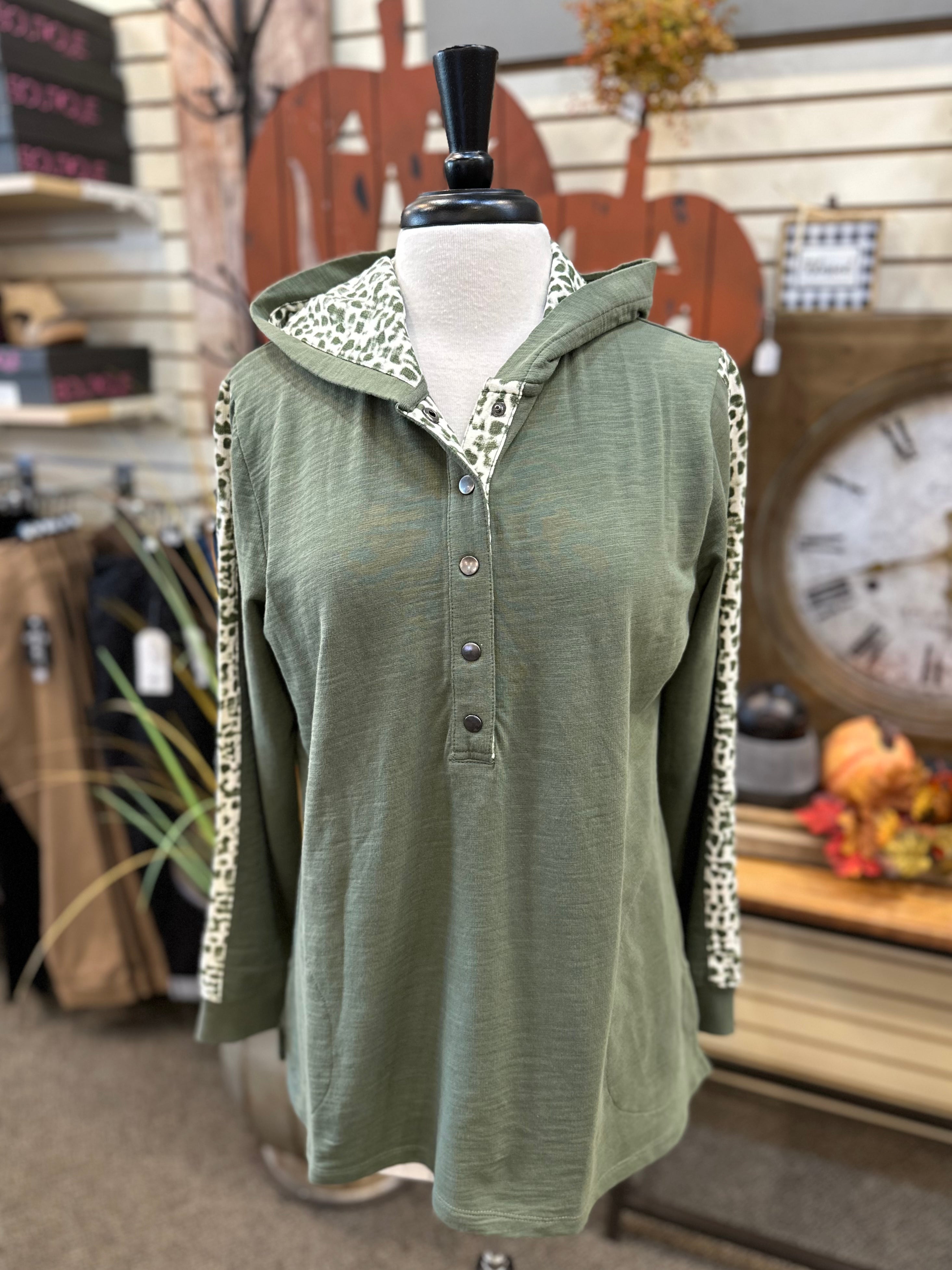 Wild Palms French Terry Snap Hoodie with Animal Print Detail