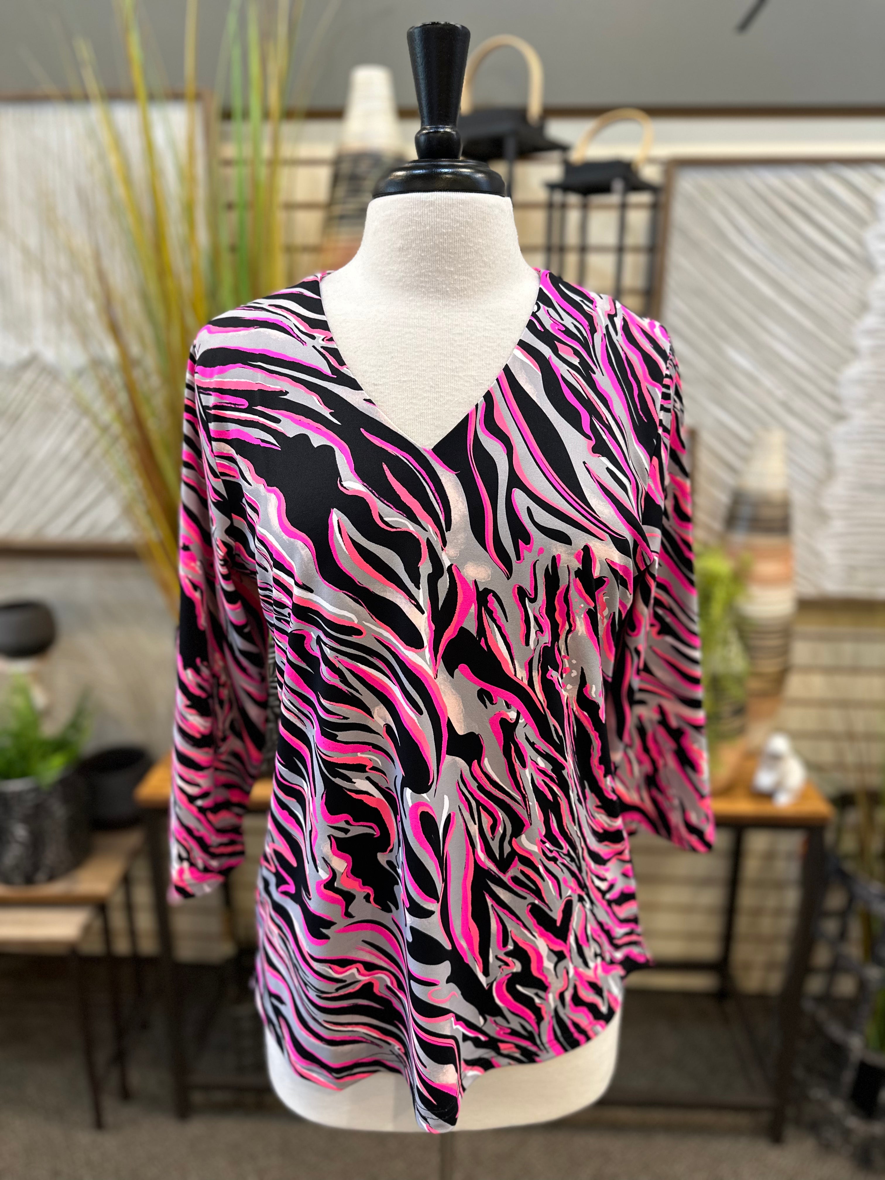 Lulu B UPF 50+ 3/4 Sleeve V-Neck Top - Neon Zebra