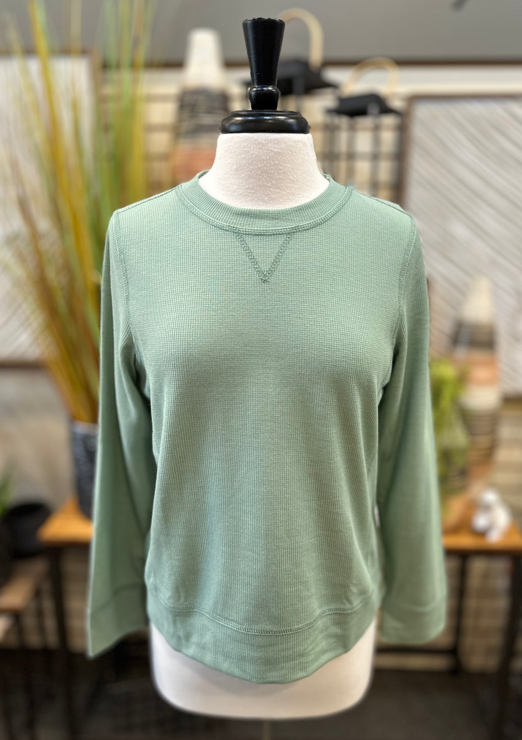 Lulu B Waffle Knit Crew Neck Long Sleeve - Sage