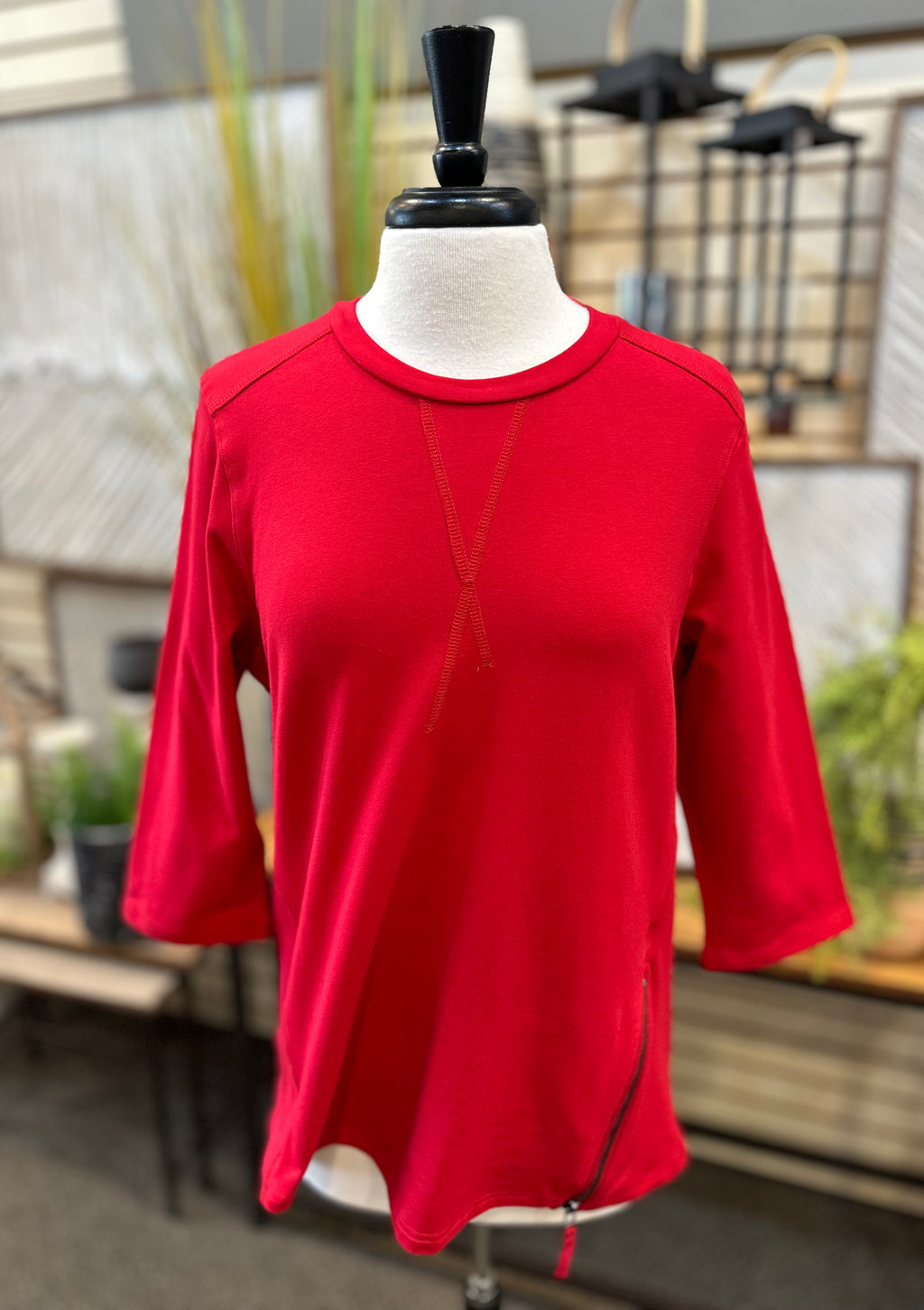 Lulu B Cotton Scoop Neck Long Sleeve with Zipper Feature - Crimson
