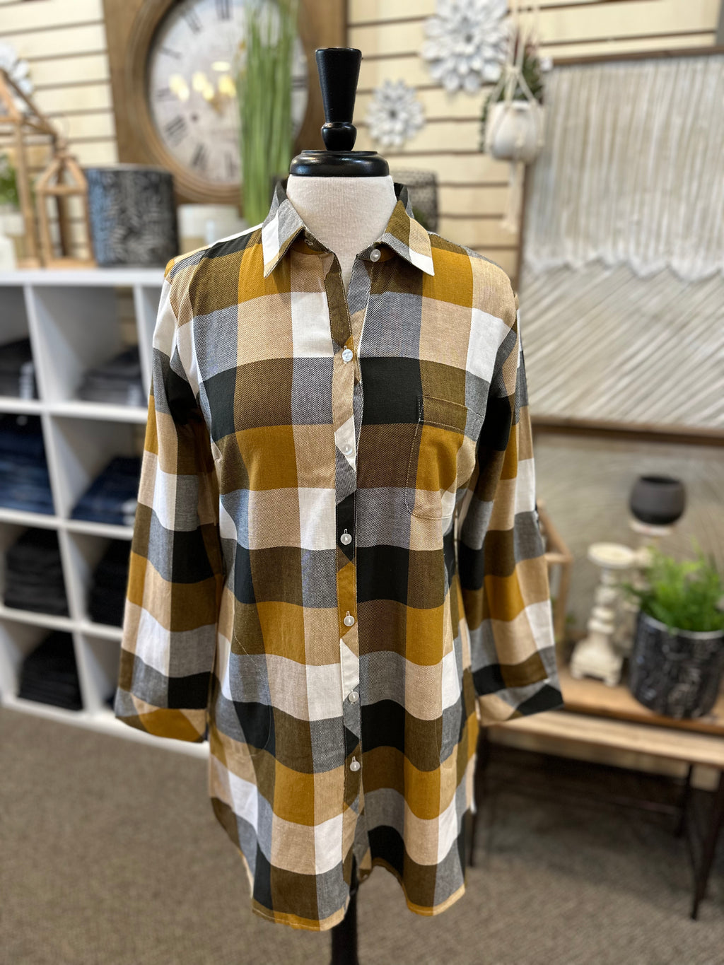 Keren Hart Cotton Check Plaid Button-Down Tunic with Pockets