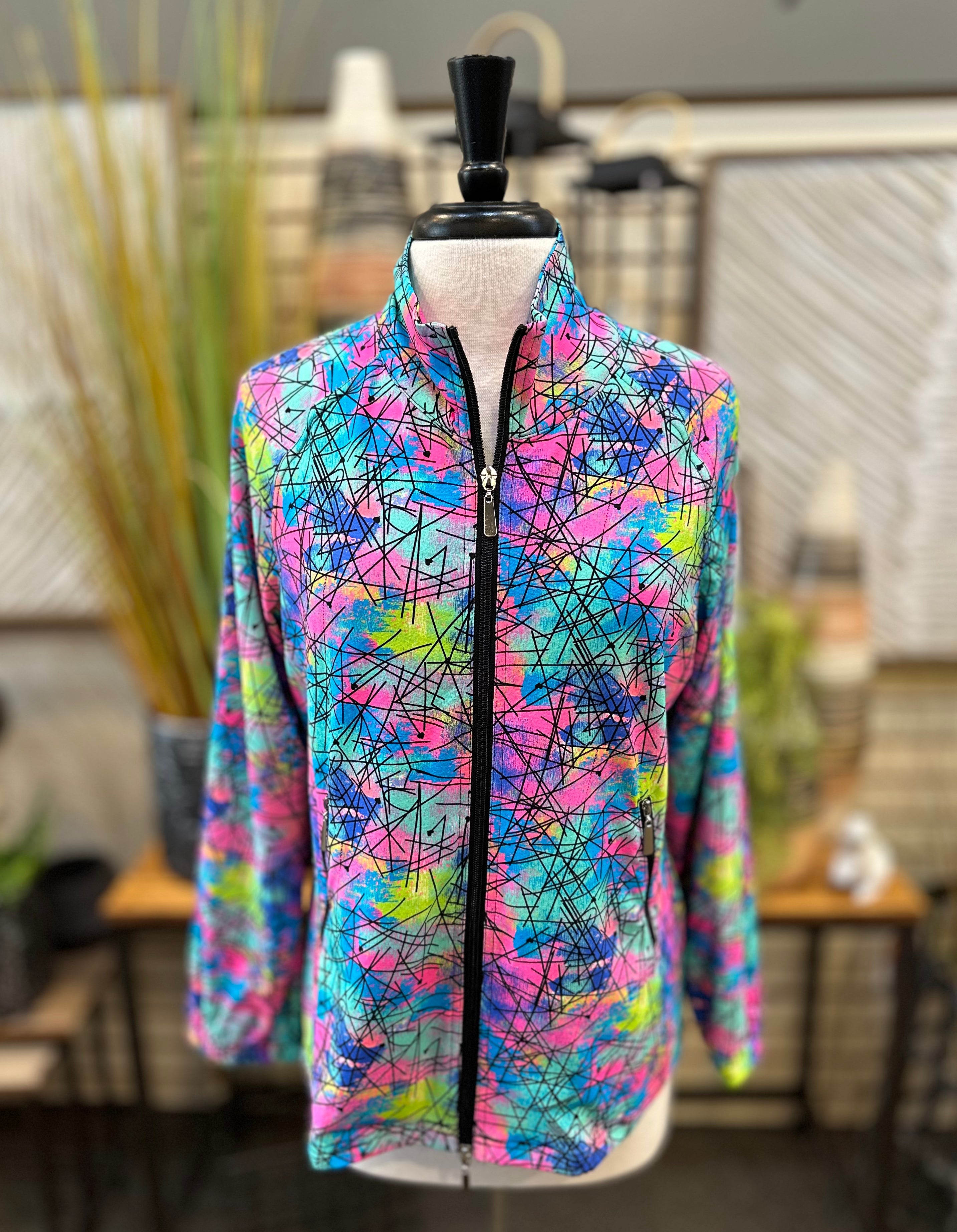 Beachtime by Lulu B UPF 50+ Cooling Zip Jacket in Neon 90s Print