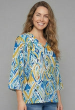 Ethyl Woven V-Neck Tunic with Novelty Buttons - Teal + Mustard