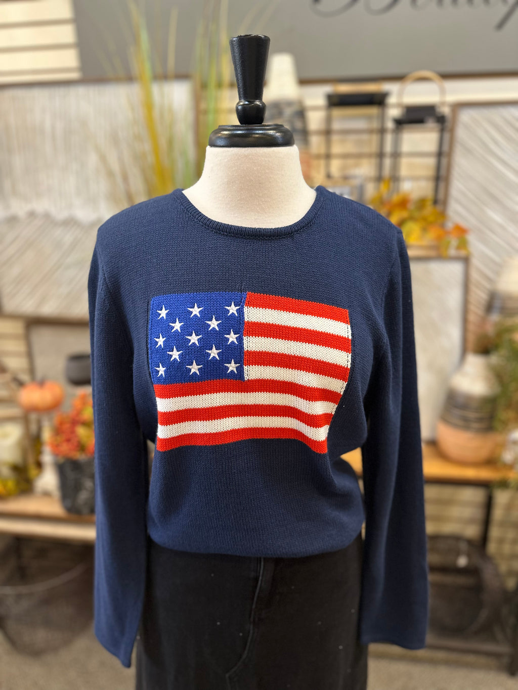 Lulu B Cotton Knit Sweater with USA Flag - Navy