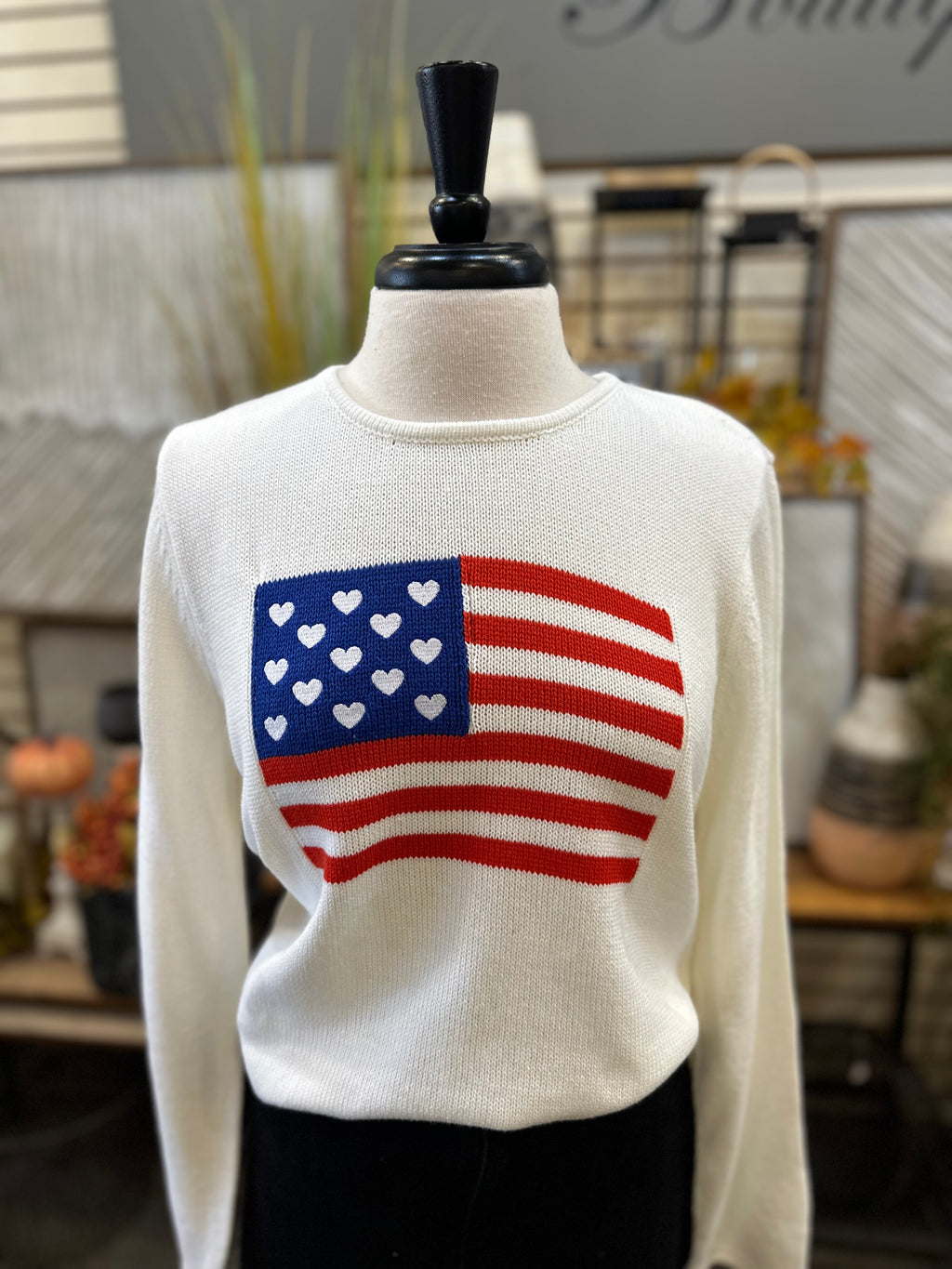 Lulu B Cotton Knit Sweater with USA Flag - White