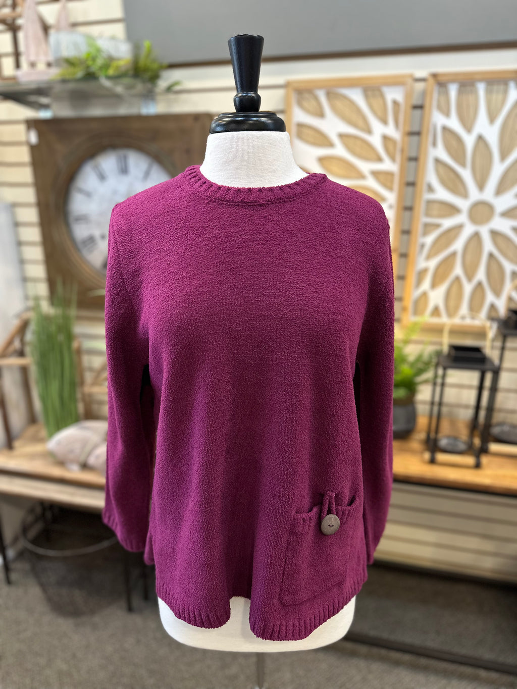 Lulu B Magenta Chenille Pullover Sweater with Wood Button Pocket