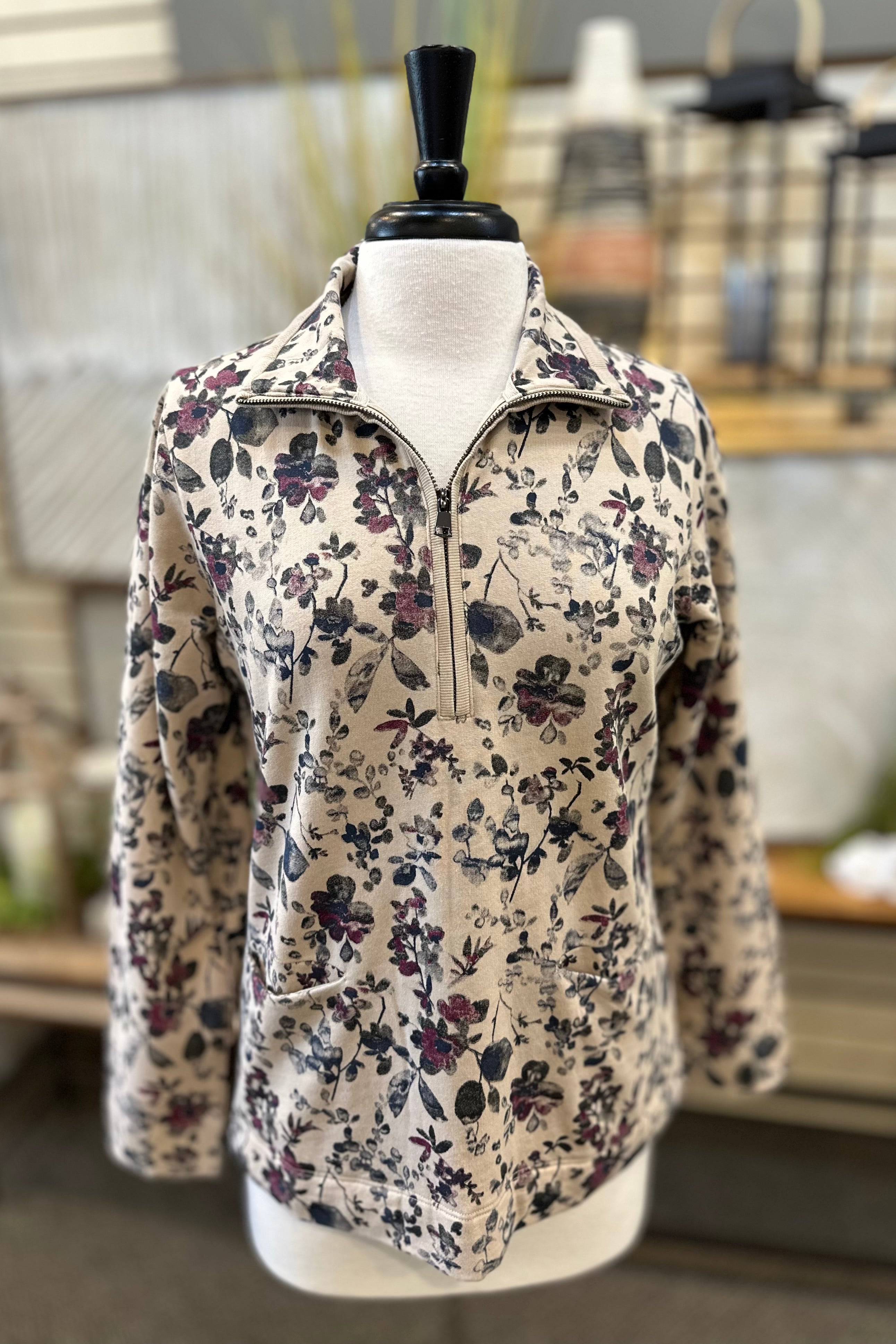 Wild Palms Blossom Print Cotton Quarter Zip