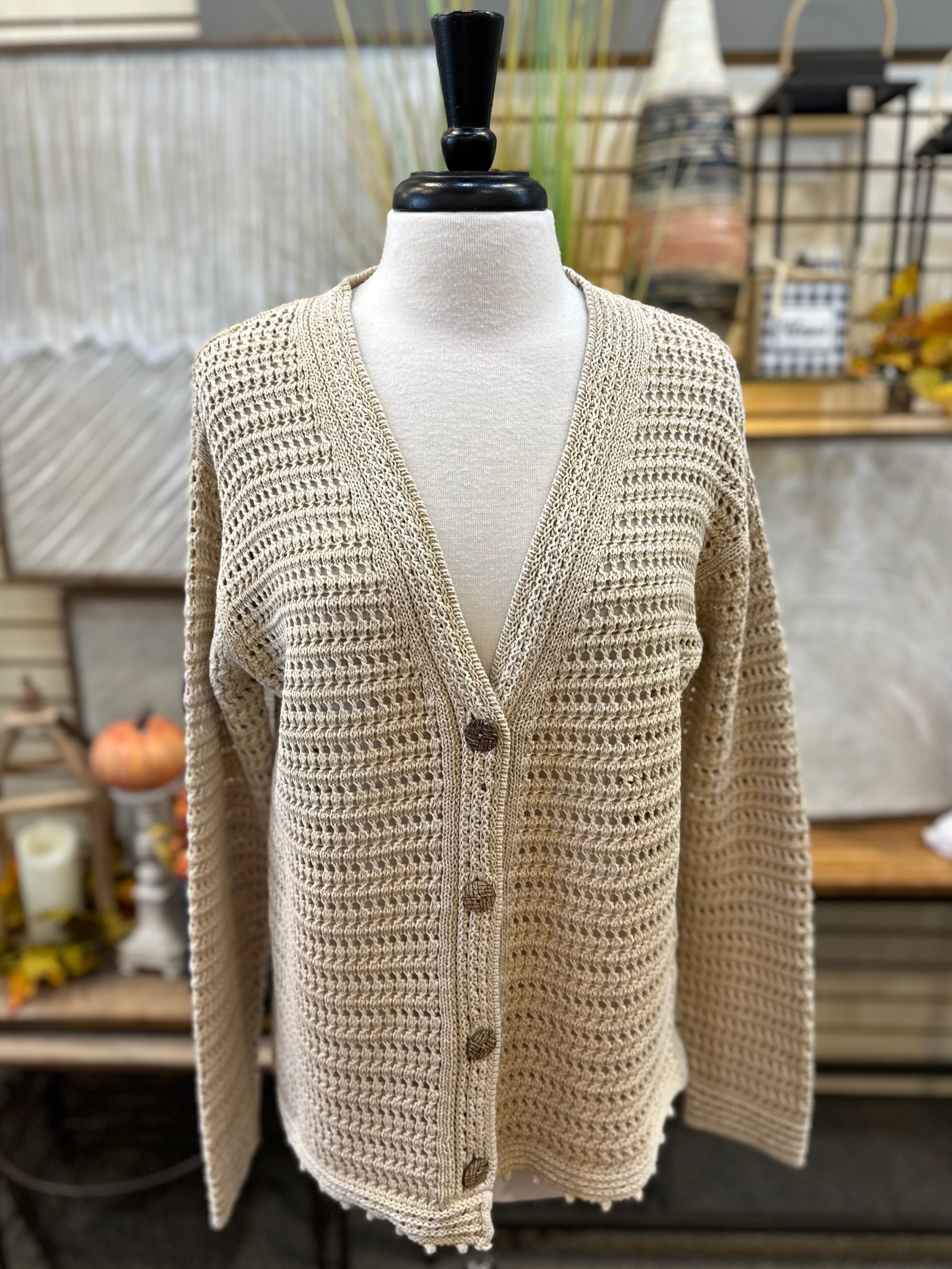 PBJ Blues Crocheted Cardigan with Wood Buttons - Cashmere Tan