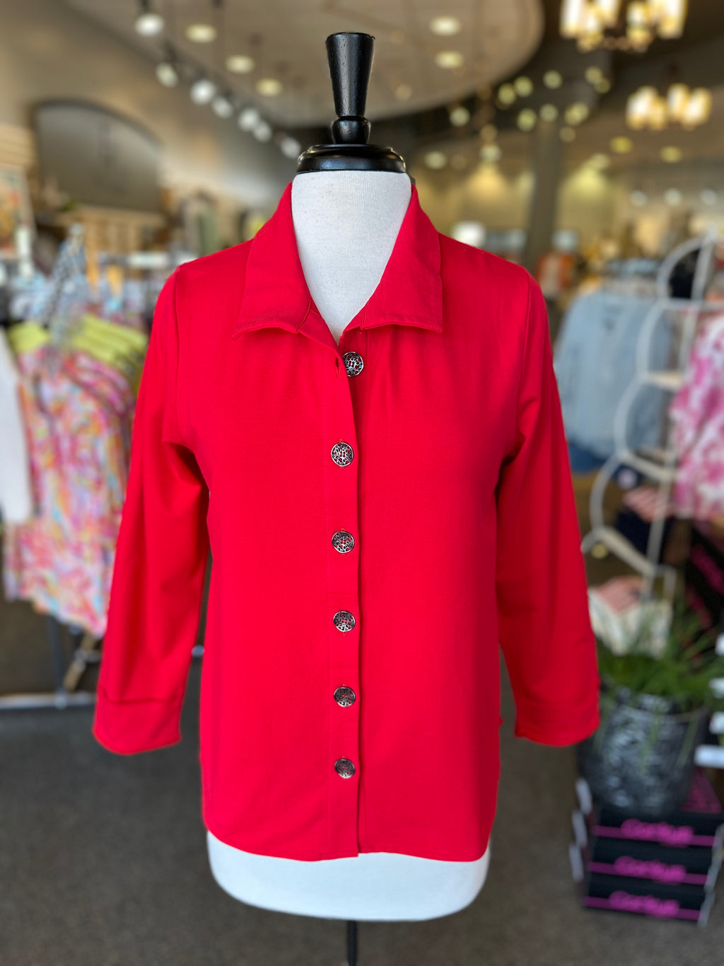 Lulu B 3/4 Sleeve French Terry Button Down Top - Crimson