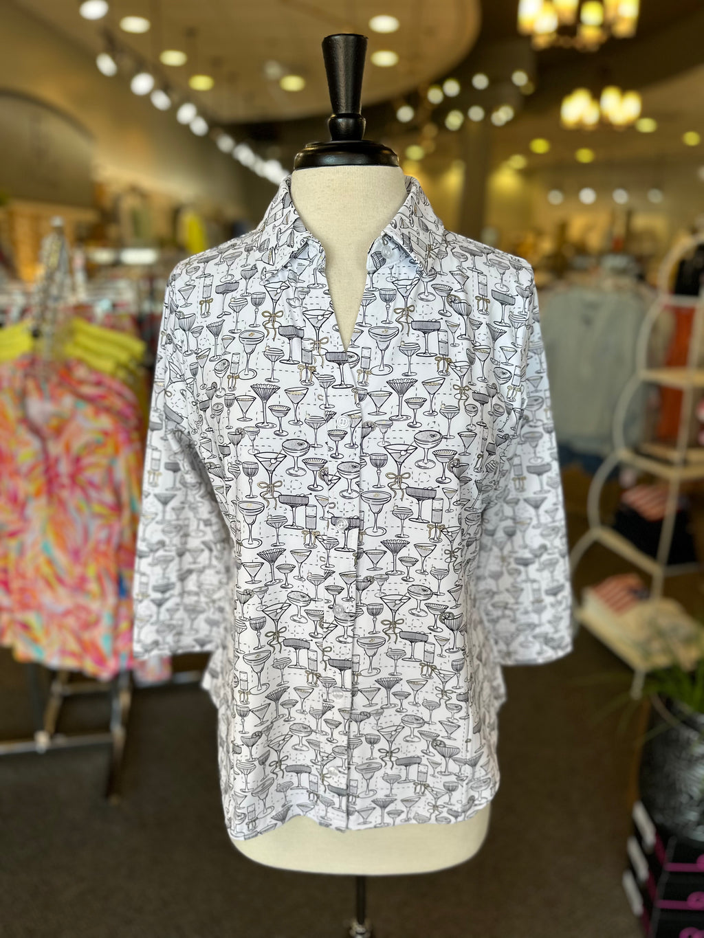 Lulu B UPF 50+ Button Down Blouse - Drinks Print