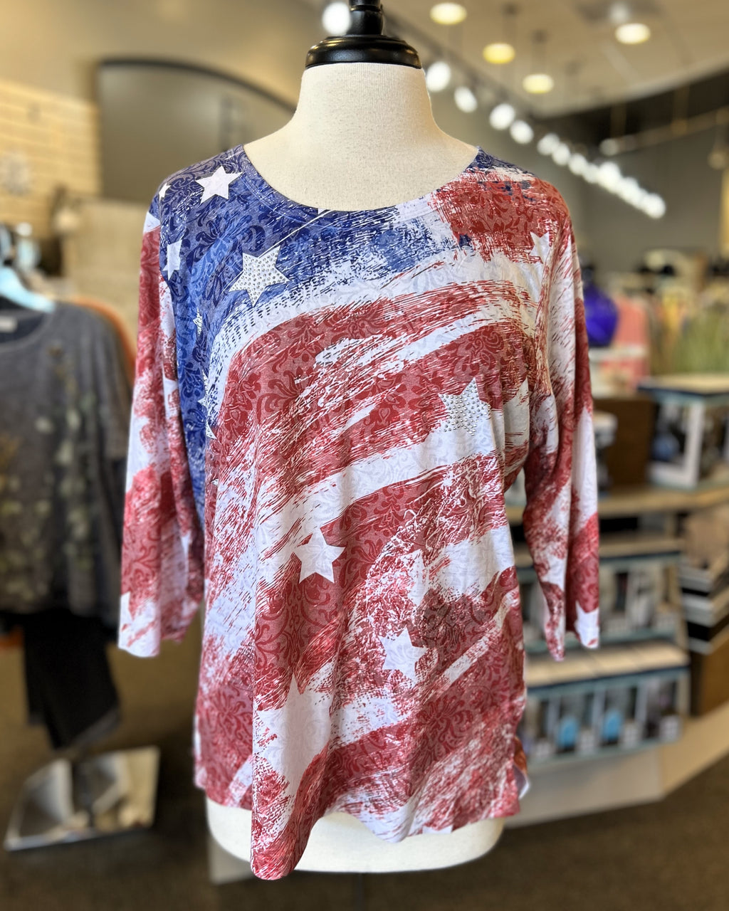 USA Flag Burnout 3/4 Sleeve Top with Rhinestone by Creation