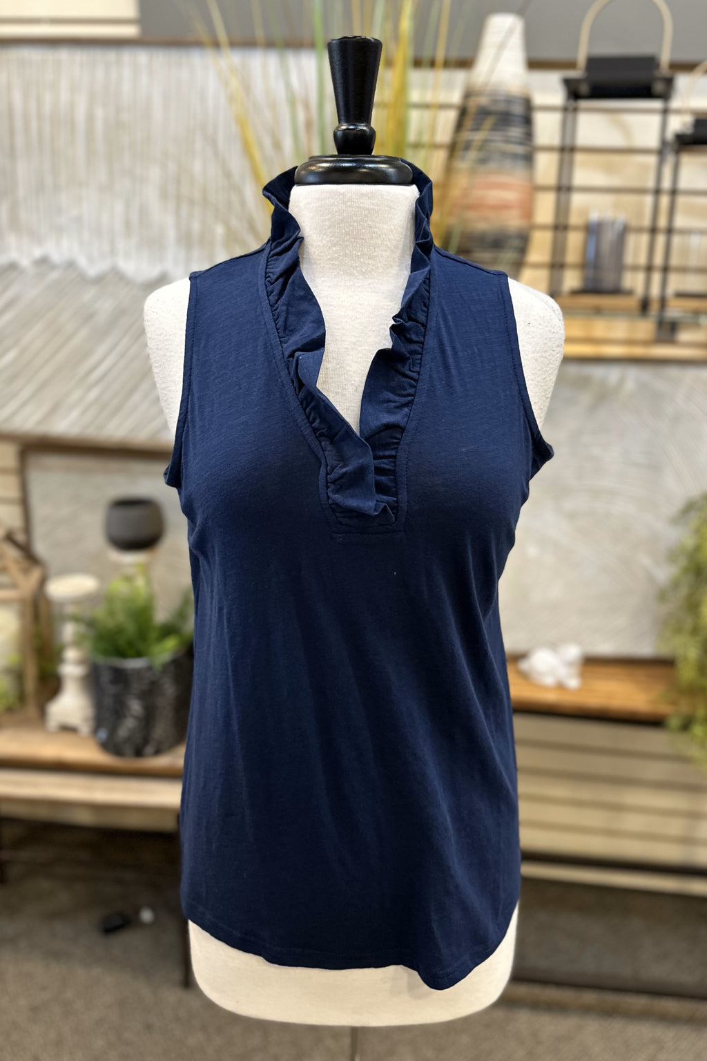 Beachtime by Lulu B Cotton Ruffle Tank - Navy