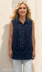 Denim Blue Vest with Floral Print Detail by Creation