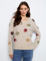 Charlie B Embroidered Floral V-Neck Sweater - Natural