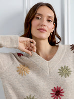 Charlie B Embroidered Floral V-Neck Sweater - Natural