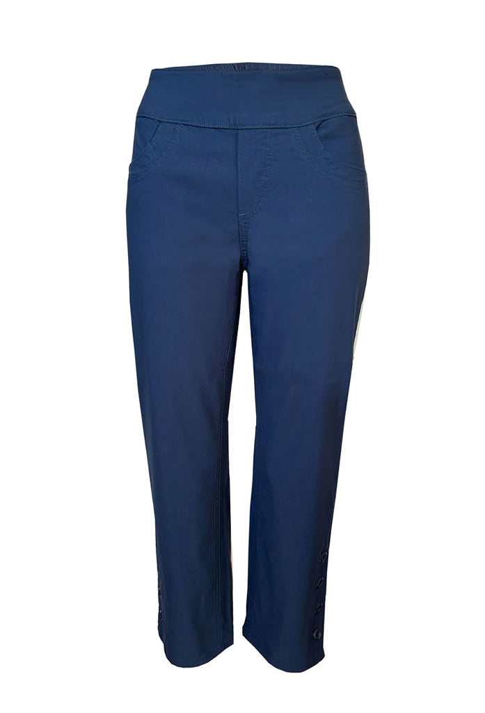 Ethyl Classic Pull-On Bengaline Capri with Side Buttons - Navy