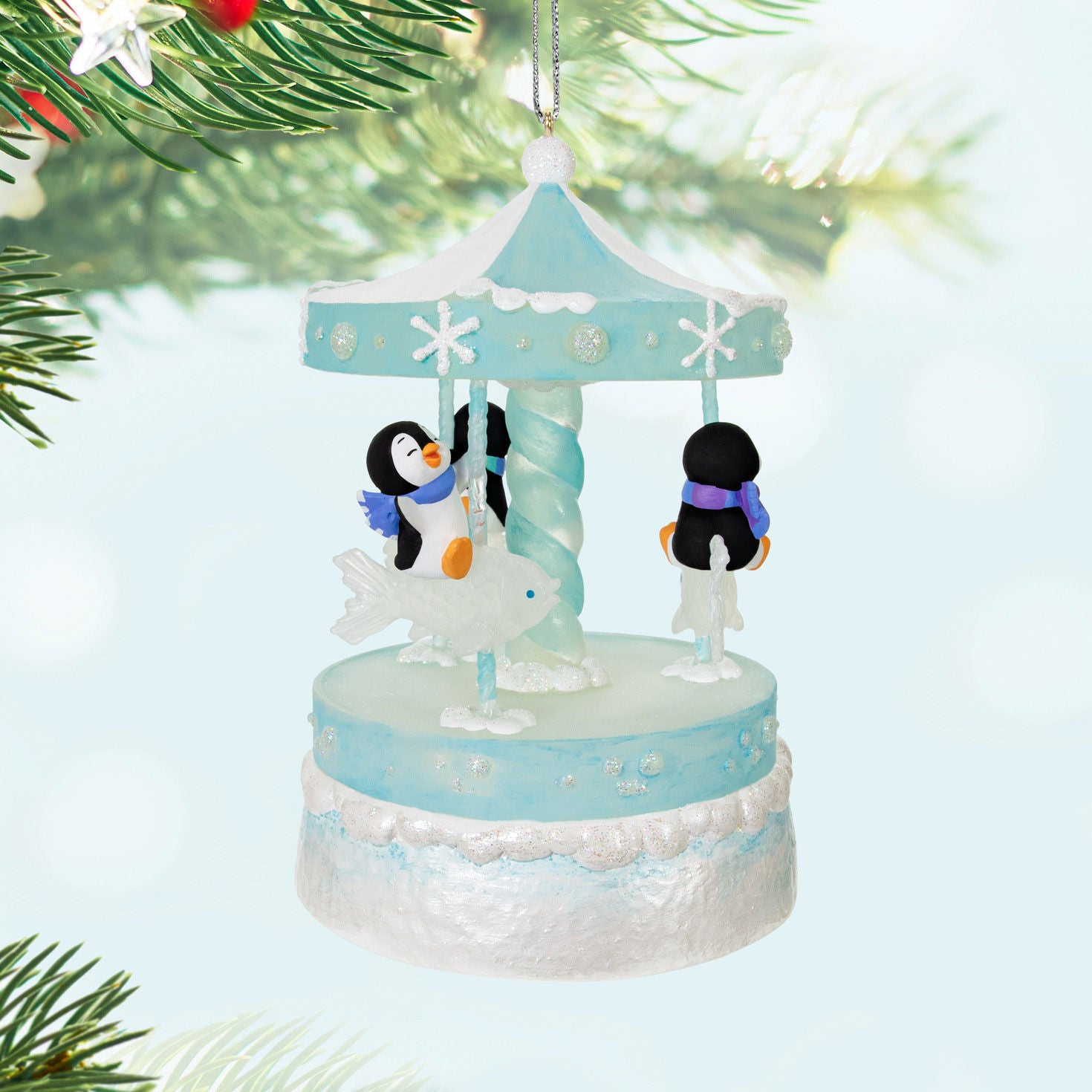 Playful Penguins on Carousel Musical Ornament 2024 Hallmark Keepsake Ornament With Light and Motion