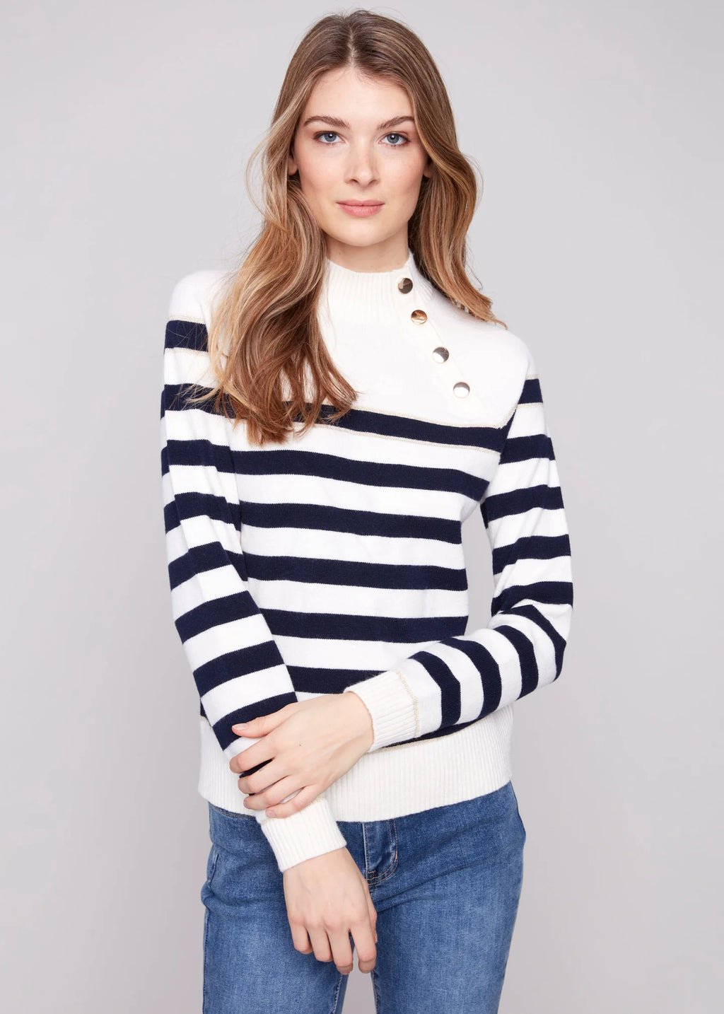 Charlie B Striped Mock Neck Sweater with Gold Button Accent