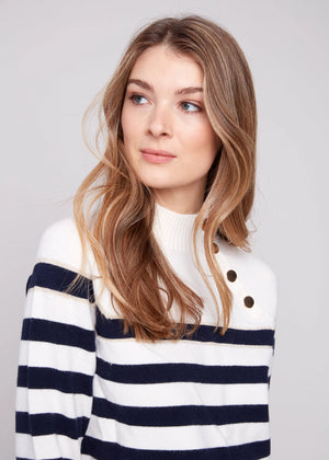 Charlie B Striped Mock Neck Sweater with Gold Button Accent