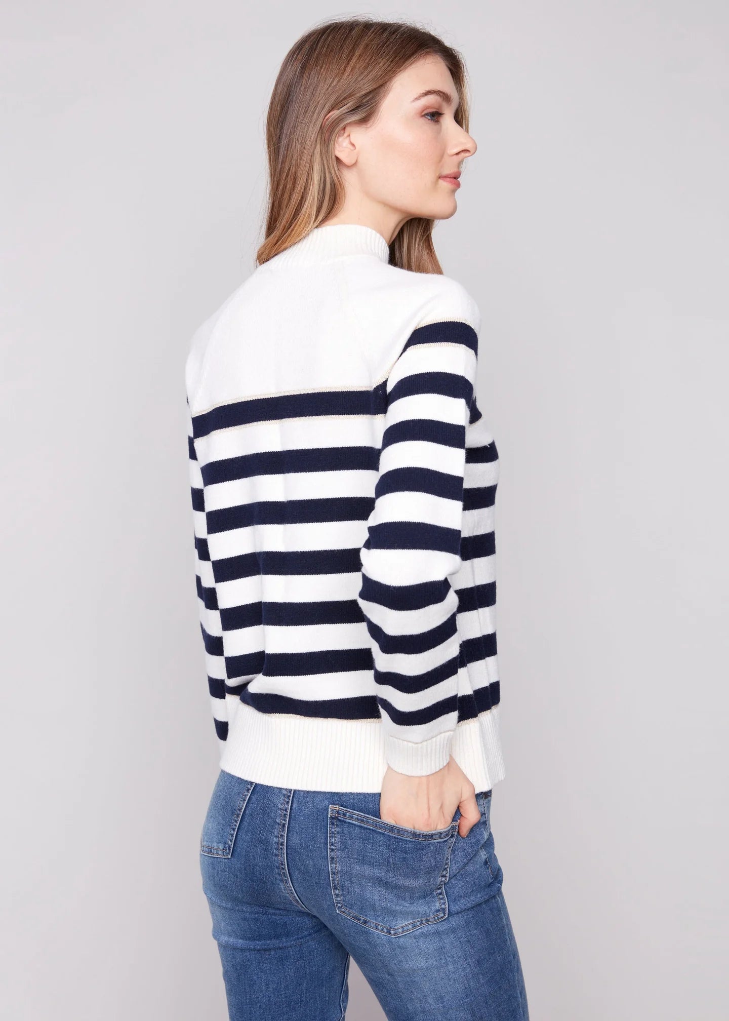 Charlie B Striped Mock Neck Sweater with Gold Button Accent