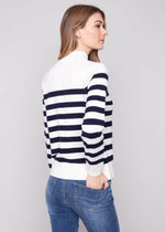 Charlie B Striped Mock Neck Sweater with Gold Button Accent