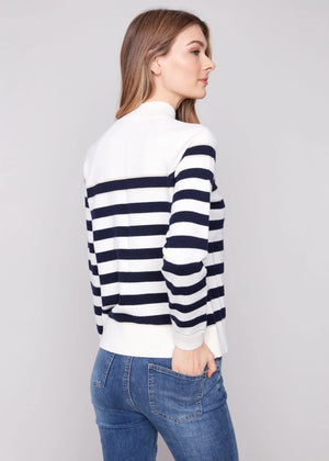 Charlie B Striped Mock Neck Sweater with Gold Button Accent