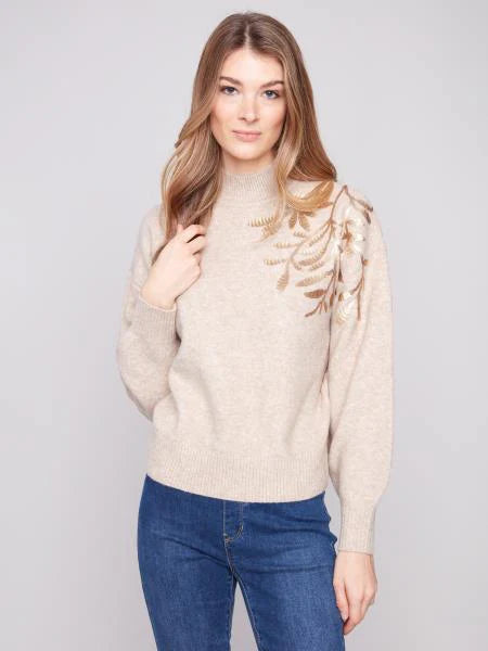 Charlie B Mock Sweater with Floral Sequin Applique