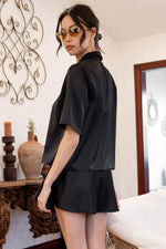 Blu Pepper Button Up Satin Short Sleeve - Black