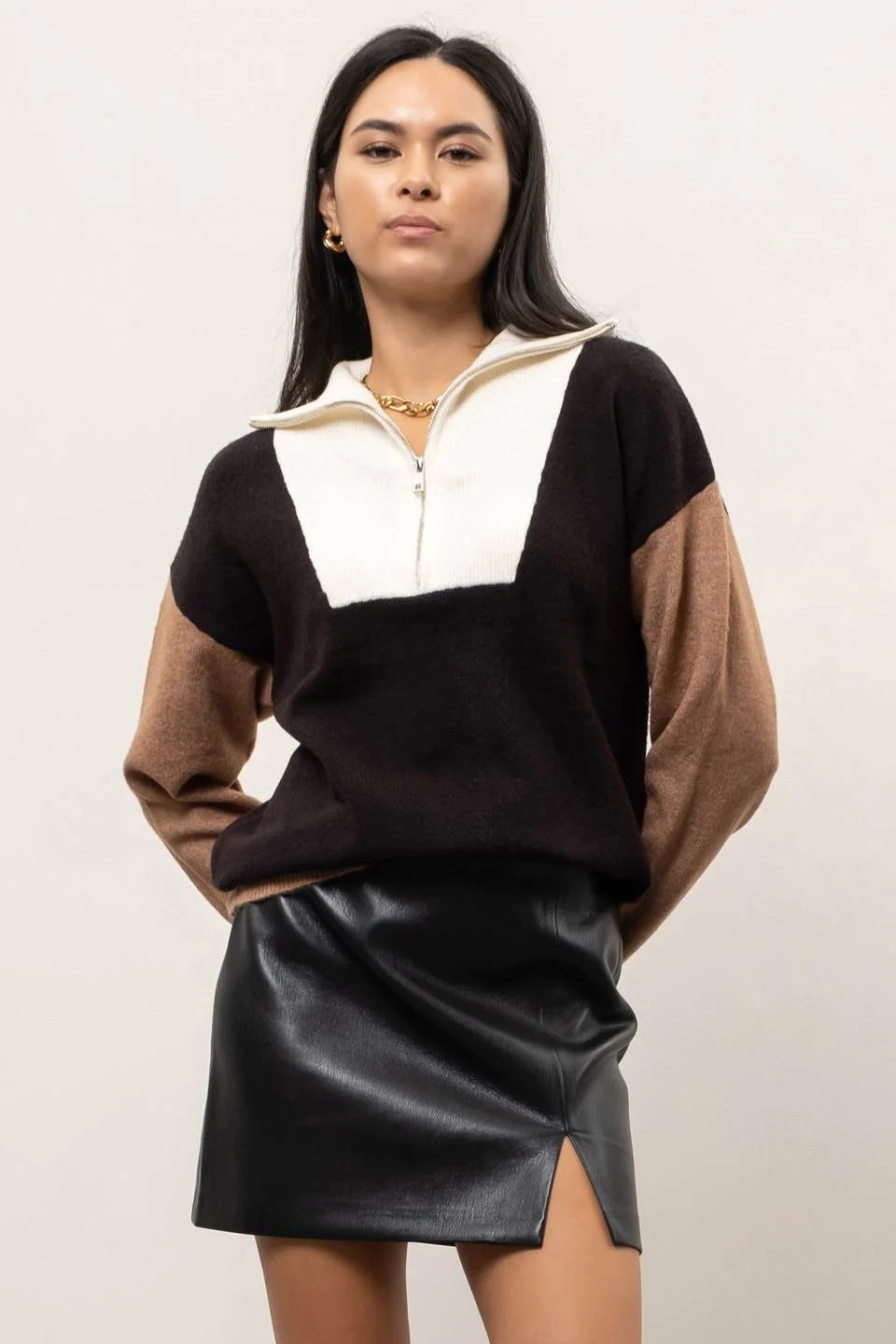 Workshop by Blu Pepper Collared Colorblock Knit Sweater