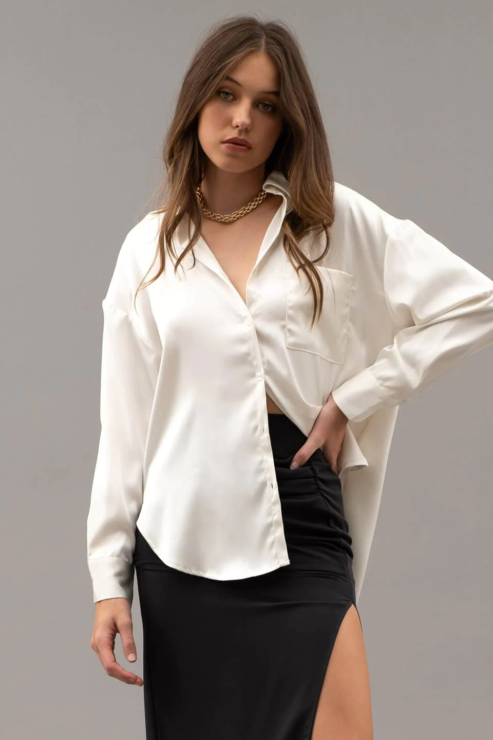 Blu Pepper Button Down Ivory Satin Blouse with Front Pocket