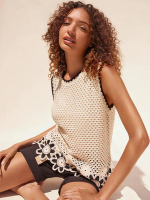 Charlie B Sleeveless Floral Border Crochet Tank Top