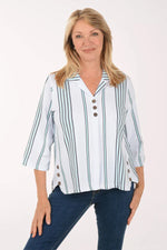 Wild Palms Striped Collared Top with Wood Button Detail - White + Navy + Aruba