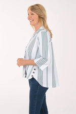 Wild Palms Striped Collared Top with Wood Button Detail - White + Navy + Aruba