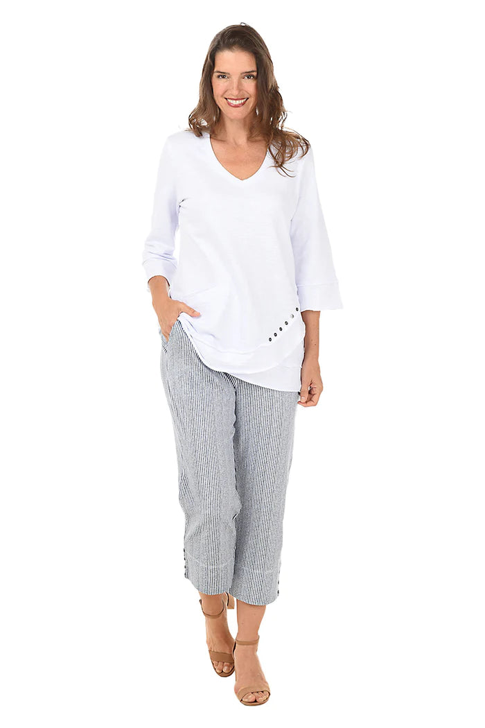 Wild Palms Railroad Stripe Pull-On Capri Pant with Side Button Detail