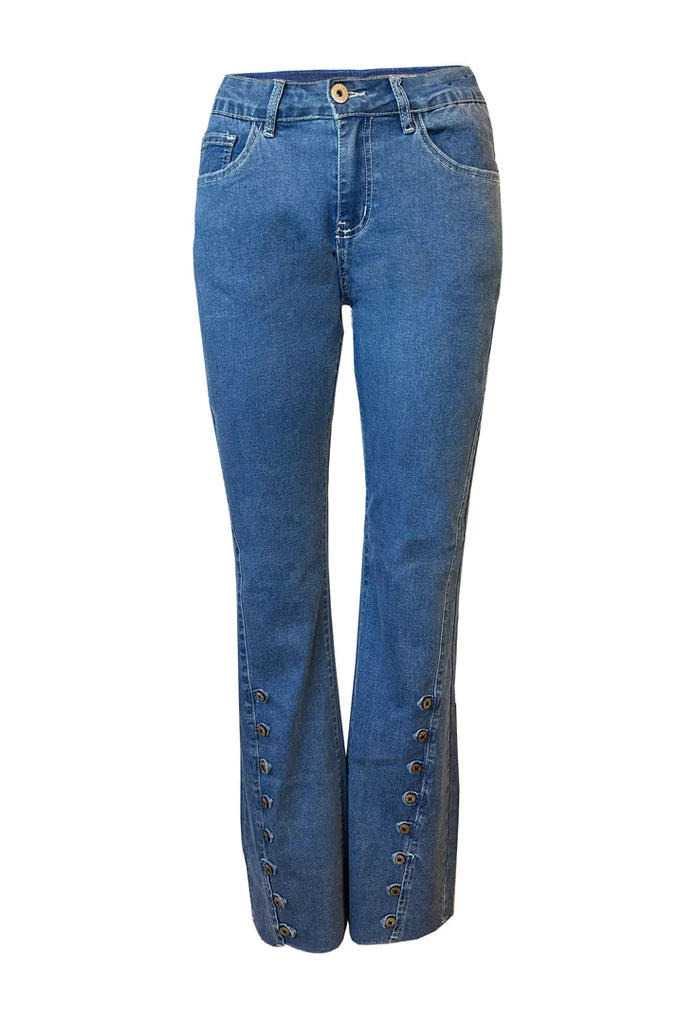 Ethyl Fly Front Boot Cut Jean with Wood Button Detail - Light Wash