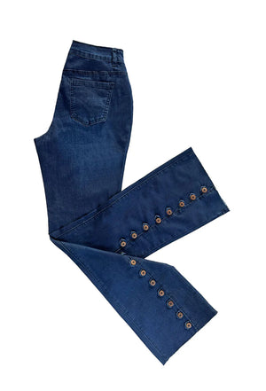 Ethyl Fly Front Boot Cut Jean with Wood Button Detail - Dark Denim