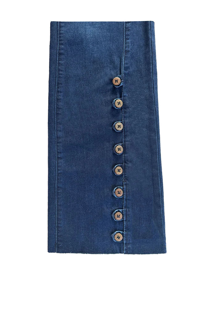 Ethyl Fly Front Boot Cut Jean with Wood Button Detail - Dark Denim