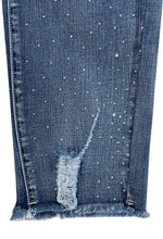 Ethyl Rhinestone Fly Front Ankle Jean with Distressed Detail