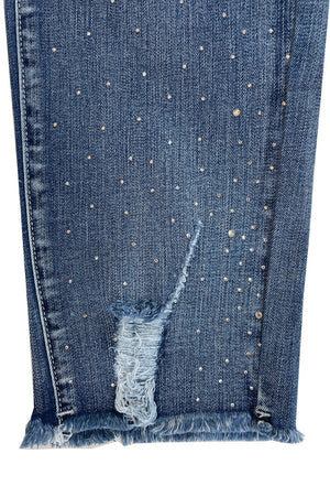 Ethyl Rhinestone Fly Front Ankle Jean with Distressed Detail