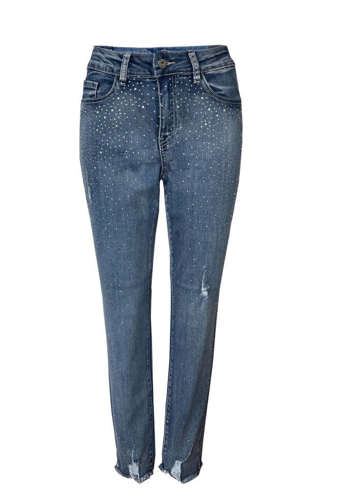 Ethyl Rhinestone Fly Front Ankle Jean with Distressed Detail