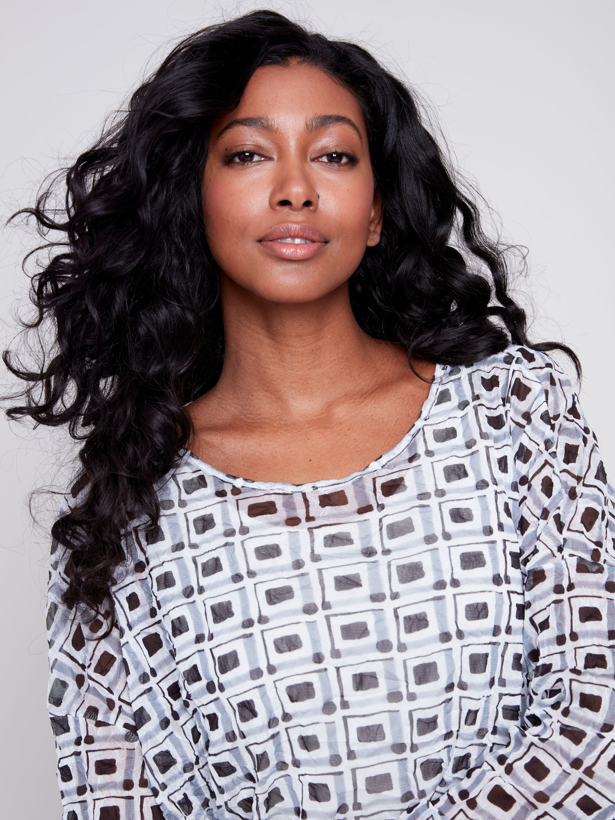 Charlie B Printed Crinkle Mesh Relax Top - Checkered