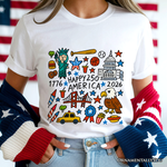 Happy 250th America Doodle T-Shirt, Patriotic USA 1776-2026 250th Anniversary Tee