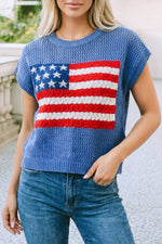 Patriotic: Flag Knit USA Short Sleeve Sweater Top - Sky Blue
