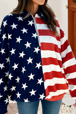 USA Stars American Flag Zipped Collar Oversized Sweatshirt - Red, White + Blue