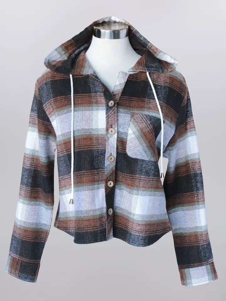Keren Hart Hooded Plaid Cropped Jacket