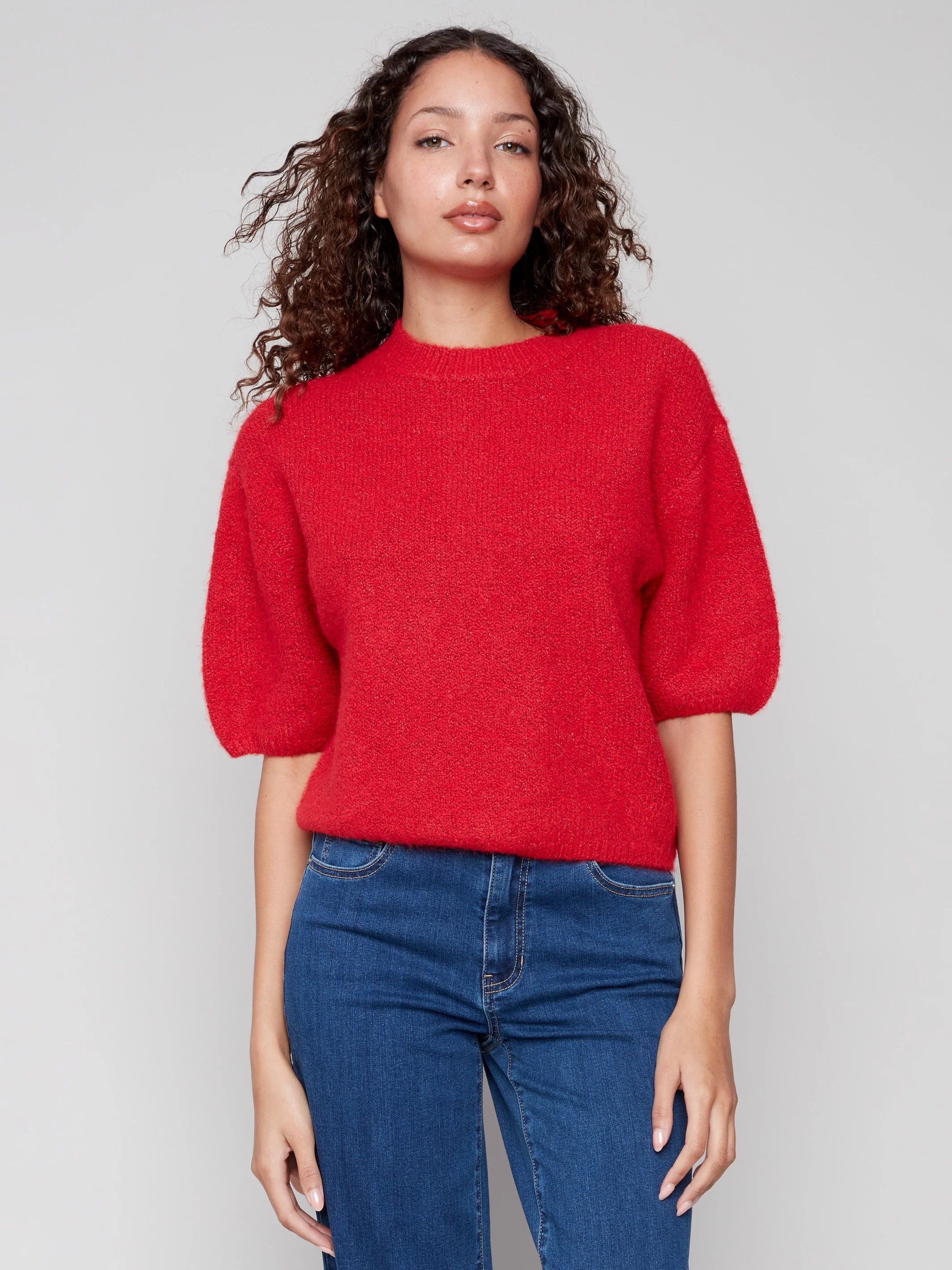 Charlie B Hairy Knit Elbow Sleeve Sweater - Crimson